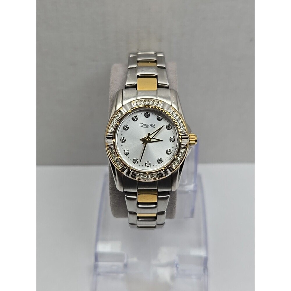 Caravelle by Bulova Gold Silver Two Tone Crystal Petite Dress Watch New Battery
